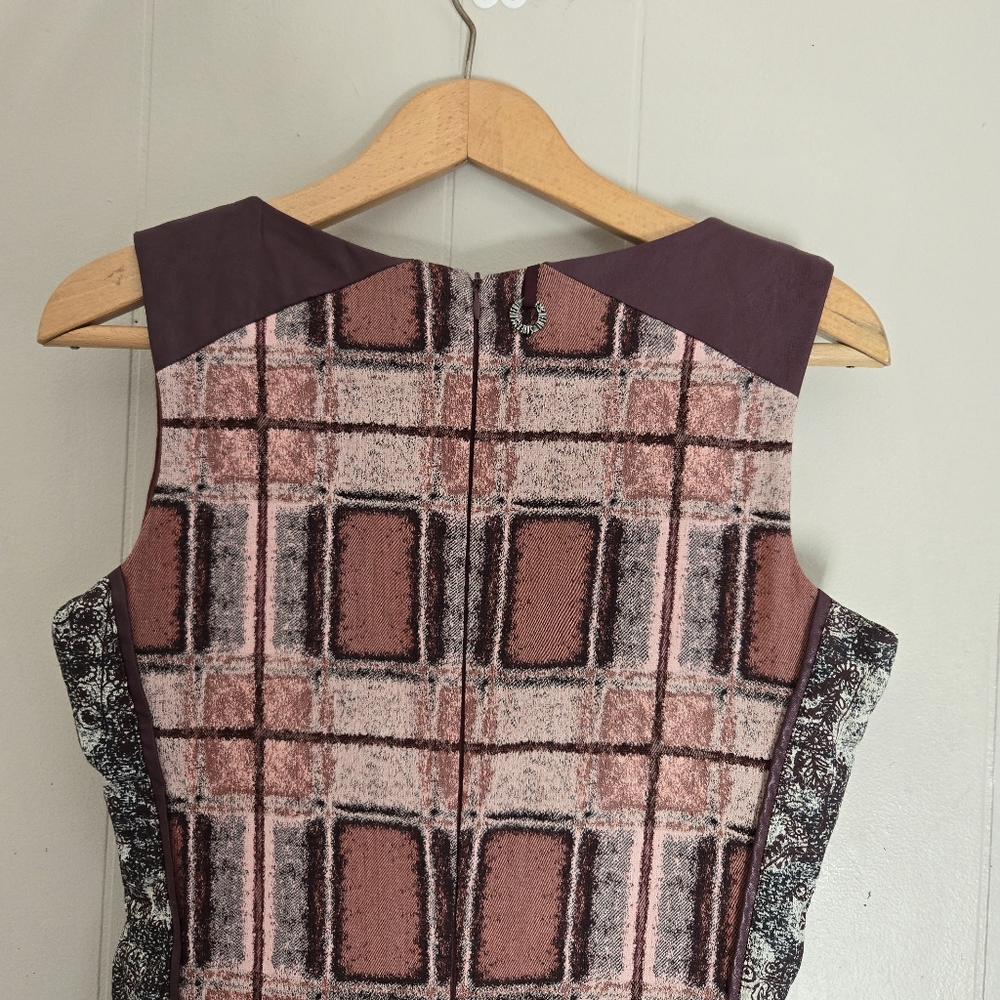 Save The Queen Sheath Dress Leather Inserts Rose Gold Sequins Geometric Maroon M - Picture 5 of 14